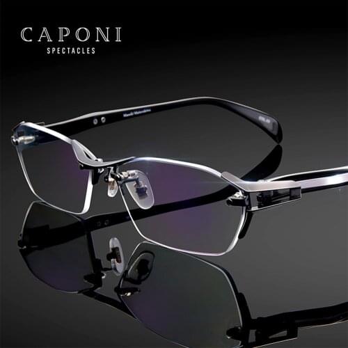 CAPONI Titanium Glasses Frame Men Rimless Square Business Optical Glasses Clear Computer Prescription Eyeglasss For Men J1141