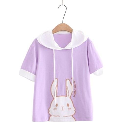 Cartoon Rabbit Embroidery Casual Hoodies Sweatshirt Women 2021 Summer Short Sleeve Korean Female Kawaii Cute Tops