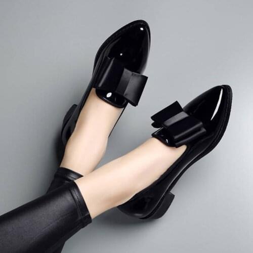 Plus Size 41 Spring Flats Women Shoes Bowtie Loafers Patent Leather Elegant Low Heels Slip On Footwear Female Oxford Shoes hjm89