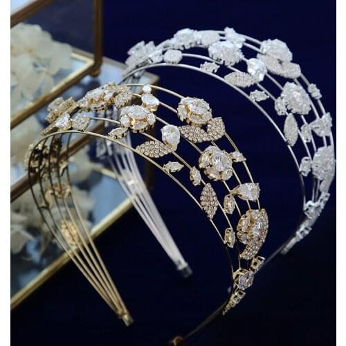Luxurious Flower Cubic Zircon Brides Tiaras Crown Bridal Diadema Wedding Hair Accessories