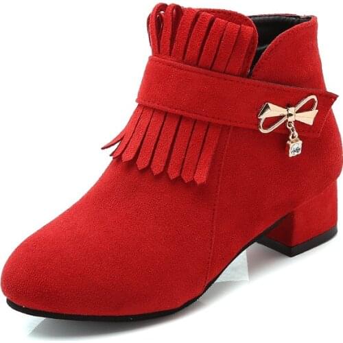 New Fringe Bow Autumn ChildrenS Shoes Princess High Heel Boots Kids Girls Fashion Warm Snow Boots 4 5 6 7 8 9 10 11 12 Years