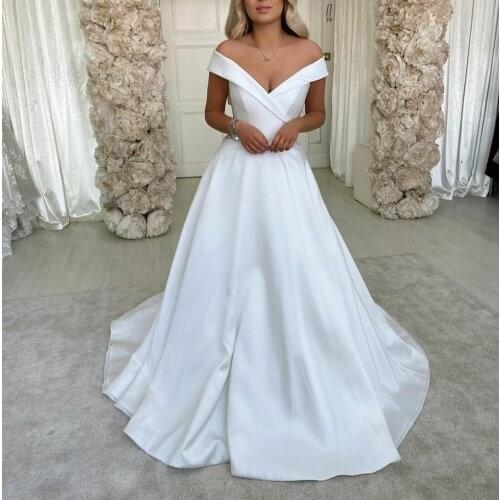 Sexy Deep V-Neck A-Line Long Satin Wedding Dresses with Pockets White Floor Length Corset Back Bridal Gowns for Women