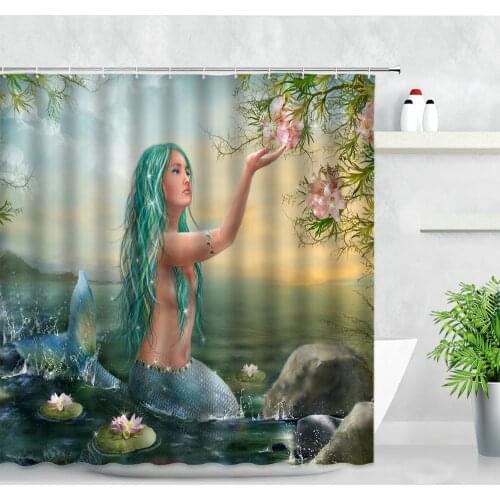 Sexy Mermaid Shower Curtains Lotus Pink Flowers Ocean Natural Scenery Printing Waterproof Home Decor Screen Bathroom Curtain Set