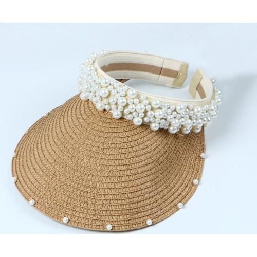 Sun Hat Women Summer Straw Visor Pearl Casual Beach Wide Brim Holiday Outdoor Cap Accessory