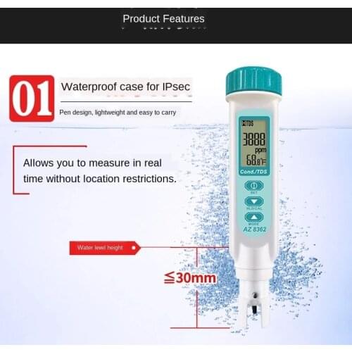 TDS Temperature Meter One Touch Data-hold Auto-off Conductivity Pen Style Water Quality Tester Sensor Lab AZ8362 TDS Temp
