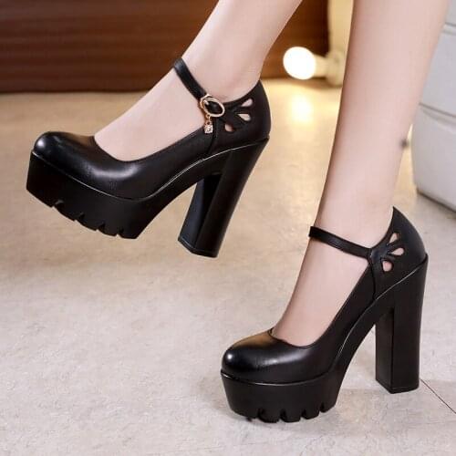 Big Size Round Toe Block Heels Platform Shoes Women Pumps 2021 High Heels Wedding Shoes Ladies Office Work Shoe Split Leather