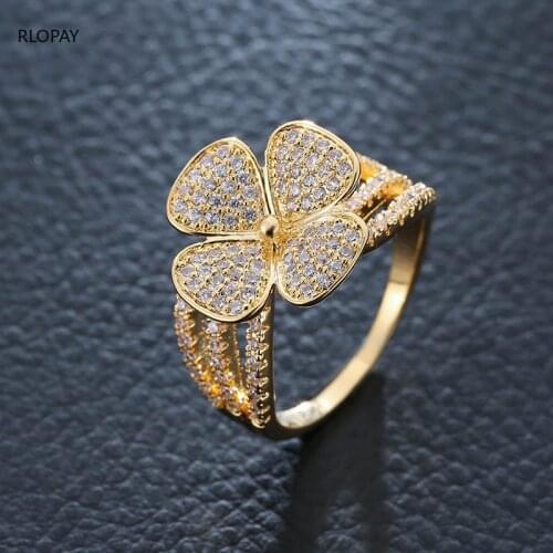 Solid Gold Plating Flower Rings for Ladies Cute/Romantic Rings for Women Anniversary Gifts Luxury Full Stone Women Rings