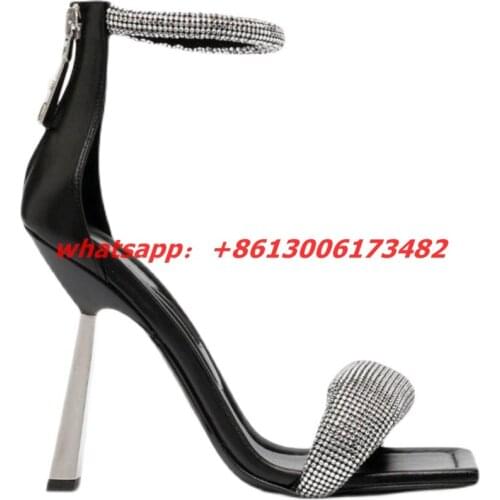 INS new hot woman summer square toe high heel rhinestones square toe sandal design brand woman crystal open square toe sandal