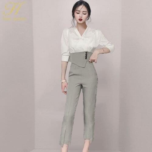 H Han Queen Office Lady Houndstooth 2-Piece Suits Women 2021 Summer Elegant Crop Top & Simple Pencil Pants OL Work Business Set