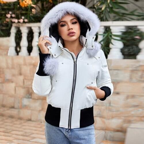 MENINA BONITA 2021 Winter Jacket Women Bomber 90% White Duck Down Coat Real Natural Fox Fur Collar Hooded Outerwear Streetwear