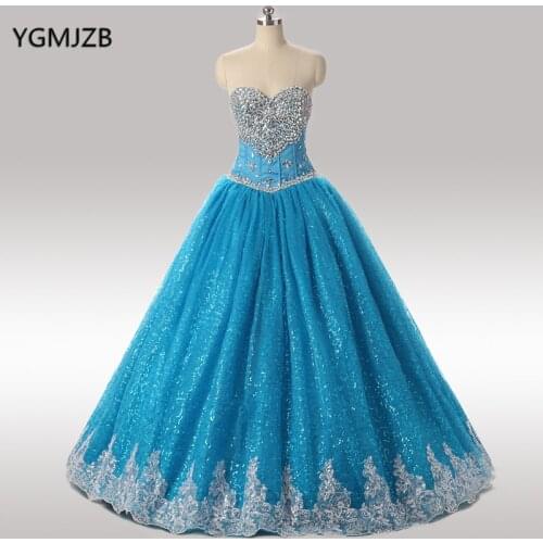 Blue Quinceanera Dresses 2018 Ball Gown Sweetheart Beaded Crystal Lace Vestidos De 15 Anos Sweet 16 Dress Prom Debutante Gowns