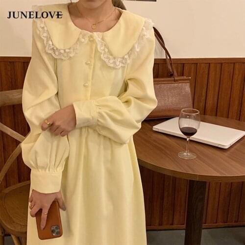 JuneLove Women Peter Pan Collar Lace Sweet Cute Dresses Long Sleeve Dress Button Preppy Style Kawaii Chic Ins Fashion Clothing