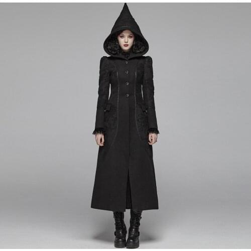 PUNKRAVE Womens Gothic Woolen Thickened Lace Stitching Long Coat Hooded Slim Fit Halloween Costume Trench Jacket