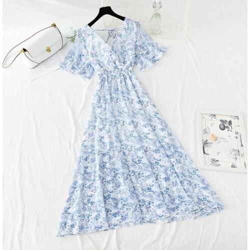 Women Vintage Floral Long Dress Sexy V Neck Slim Vacation Beach Dress 2021 Elegant Chiffon Short Sleeve Dresses Summer Vestido