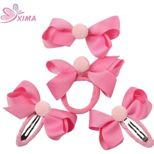 XIMA 1Set=4PCS Cute Ball 2.5''Bows with Elastic Hair Band Princess Hairpin Kids Hair Clip for Girl Hair Accessories