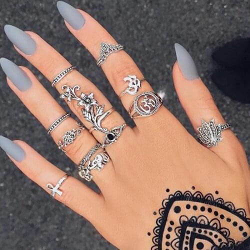 12 Pcs/Set Women Punk Vintage Knuckle Rings Hippie Flower Elephant Crown Ring Set Personality Jewelry Accessories