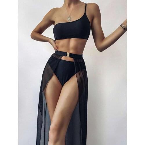 2021 Summer New One-shoulder Bikini Womens 3-piece Suit Long Mesh Skirt Beach Swimwear Brazilian Swimsuit