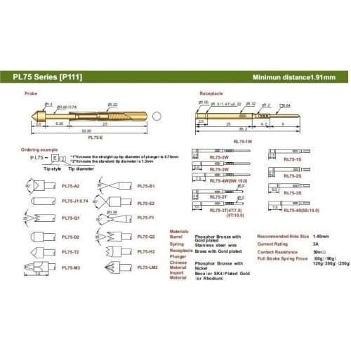FREE SHIPPING 100PCS/LOT RL75-2S 38.2MM SPRING TEST PROBE RECEPTACLES