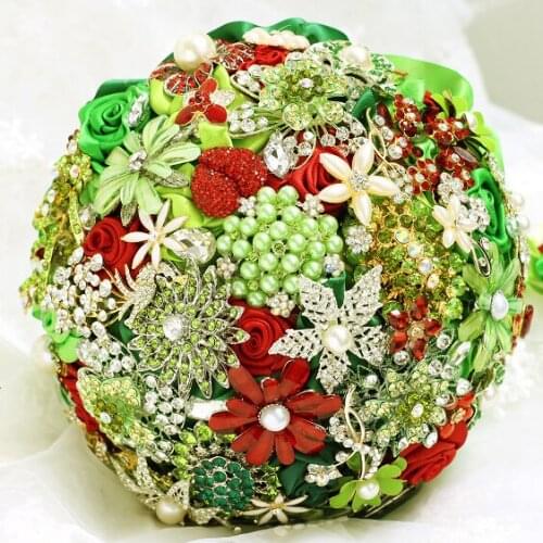 Christmas theme brooch bouquet advanced custom wedding bridal bouquet, red & green holding flowers Bride 's Bouquet