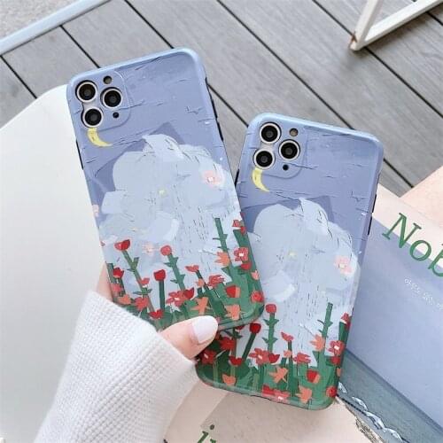 Retro Art Oil Painting Starry sky Phone case For iPhone 11 Pro Max Xr X Xs Max 7 8 Plus Cases Cute Flowers Soft IMD Cover coque