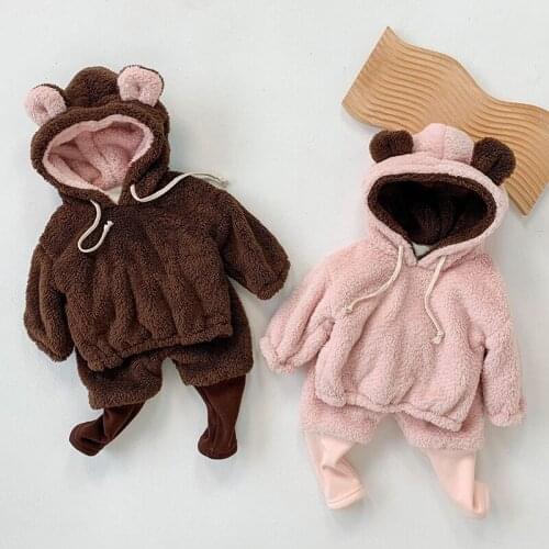 Baby Suit Autumn Winter Warm Baby Boy Cartoon Cute Clothing Plush Hooded sweater+ Pant Clothes Set Baby Toddler Girl Outfit Suit