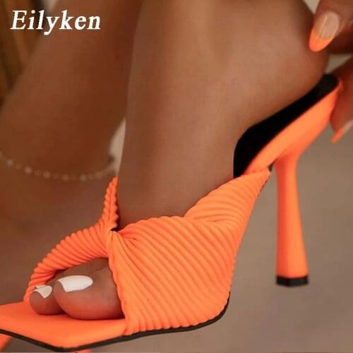 Eilyken New Sexy High Heels Slippers Woman Square Toe Fashion Pleated Design Ladies Sandals Summer Outdoor Runway Party Shoes