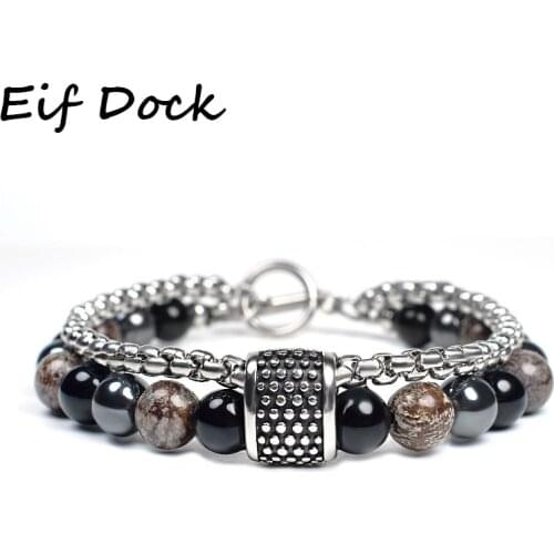 Eif Dock 8mm Mens Mix Natural Stone Beaded Bracelet Stainless Steel Double Link Chain Bracelets Male Jewelry Gifts for Men