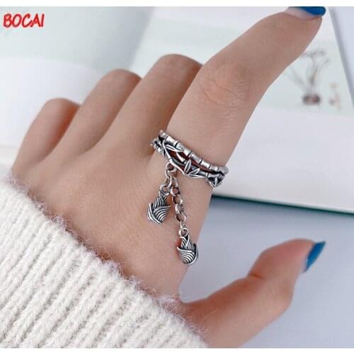 S925 silver retro distressed craftsmanship womens open classical simple matte tassel bamboo ring