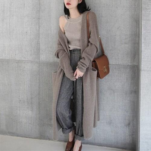 Korean Warm Knitted Cardigan Sweater Women Long Sleeve Knitwear 2020 Autumn Winter Solid Loose Elegant Pocket Outerwear Female
