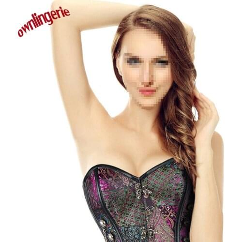 Retro Floral Corest Goth Brocade Corset Full Steel Bones Steampunk Overbust Corset with both sides have chains W3485