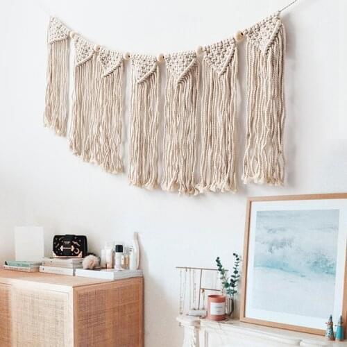 Macrame Tassel Tapestry with Wood Beads Bohemian Wall Hanging Art Accents Chic Wall Decor for Bedroom Living Room and Kitchen
