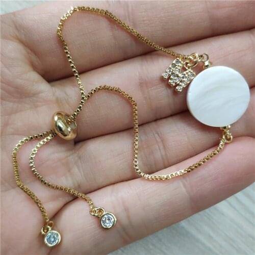 Tiny cz initial 26 alphabet letter name charm white abalone shell connector gold link bracelet for women jewelry gift