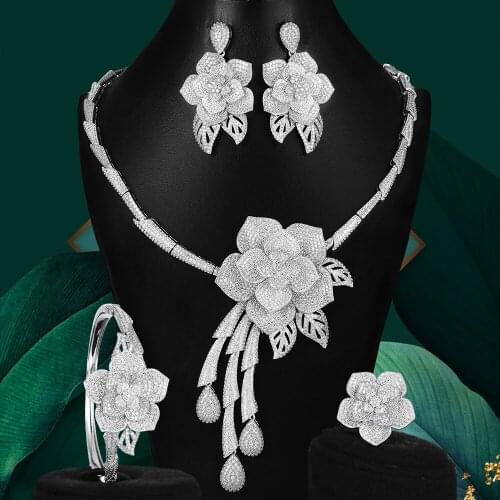 Blachette 4PCS Fashion Luxury Flowers Jewelry Set For Women Wedding African Indian Cubic Zirconia Dubai Exclusive Bridal Jewelry