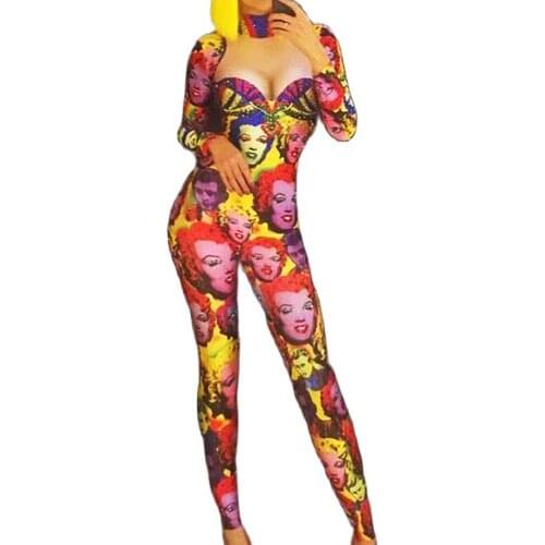 Fashion Skinny Stretch Jumpsuit Marilyn Monroe Printed Long Sleeve Bodysuit Prom Birthday Celebrate Costumes Women Stage Wear