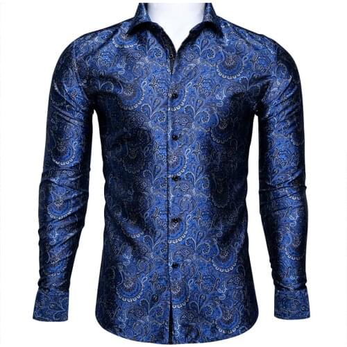 Barry.Wang Fahsion Luxury Blue Paisley Silk Shirt Men Long Sleeve Casual Flower Shirts For Men Designer Fit Dress Shirt BCY-0032