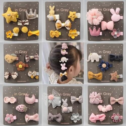 5 PCS Cute Cartoon Crown Bow Hair Clips Hair Accessories Set Girl Animal Flower Hairpin Headdress Baby Birthday Gift Wholesale