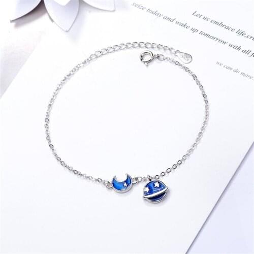 New Student Gift Sweet Personality 925 Sterling Silver Jewelry Beautiful Glaze Planet Star And Moon Blue Women Bracelets SB159