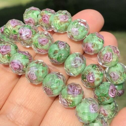Wholesale Murano Faceted Green Flower Lampwork Crystal Beads for Bracelet Making Women Diy Accessories Round Glass Large Beads