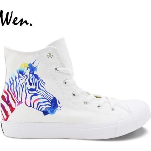 Wen Original Unisex Design Zebra Pattern Custom Hand Painted Birthday Shoes High Top White Canvas Sneakers for Boy Girl