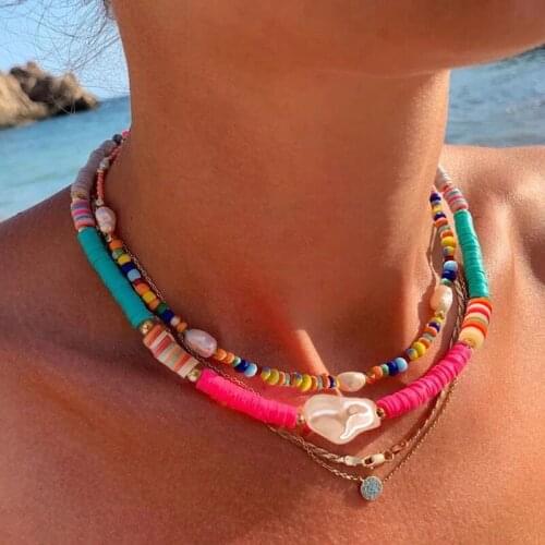 Summer Bohemia Soft Clay Necklace for Women Statement Imitation Pearl Choker Necklace Fashion Colorful Beach Jewelry