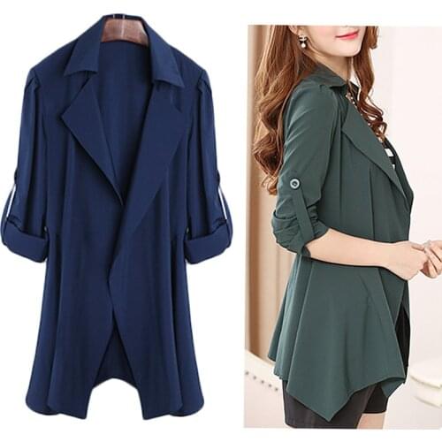 Spring Autumn Womens Solid Casual Mid Coat Long Sleeves Waist Lapel Slim Cardigan Outdoor Work Suit Jackets Plus size L-5XL