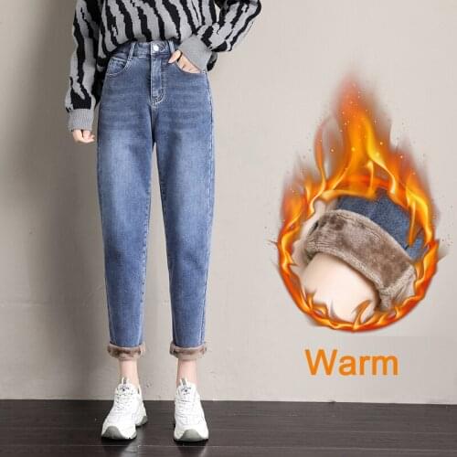 High Waist Velvet Thick Jeans Female Winter 2021 Skinny Stretch Womens Warm Jeans WomanPants Mom Blue Denim Trousers Plus Size