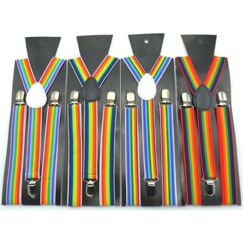 85LB Men Women Wide Adjustable Straps Y-Back Suspenders Rainbow Colorful Vertical Striped Elastic Belt with Metal Clips