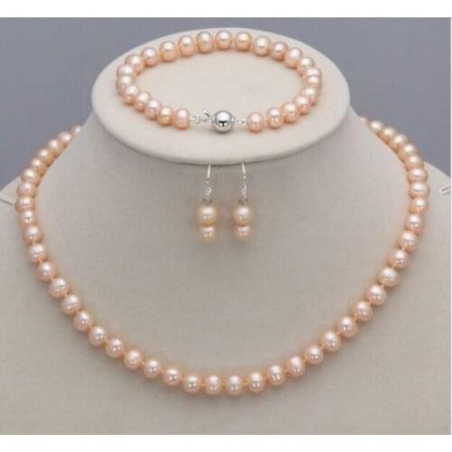 Wedding women Jewelry Set 18'' 8-9mm AAA Natural Freshwater Pearl Pink Necklace Bracelet Hook Earring Free Box
