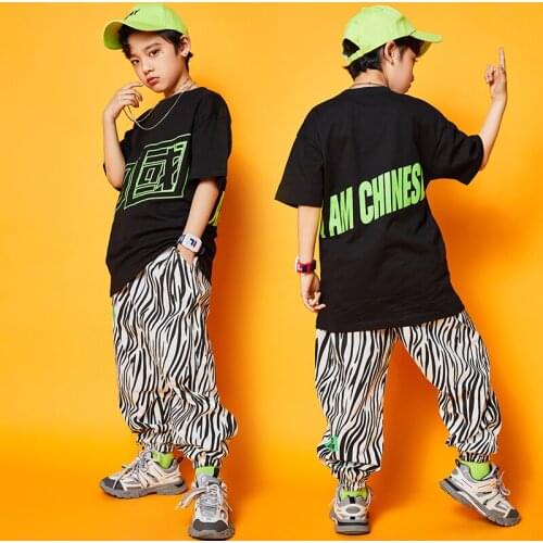 Boys Hip-Hop Dance Costumes ChildrenS Lattice Stitching Korean Loose T-Shirt Hiphop Pants Jazz Street Wear Stage Outfits SL3124