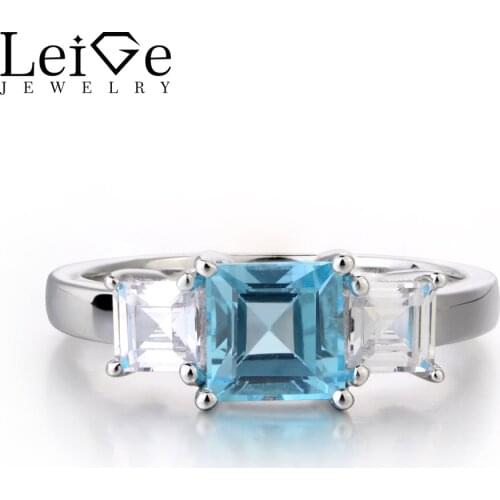 Leige Jewelry Swiss Blue Topaz Solid 925 Sterling Silver Ring Square Cut Blue Gemstone Birthstone Engagement Rings for Her