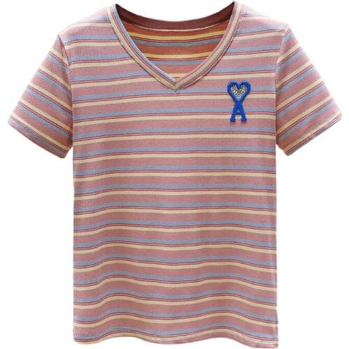 Y2k 2021 New Short Sleeve V-Neck Striped Tops Women Fashion Letters Embroidery Summer T-Shirt T8675