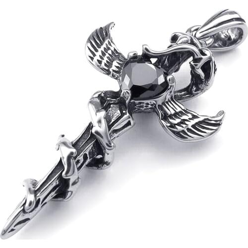 Jewelery Pendant Necklace for Man - Chain - Gothic Snake Wing Cross sword - Stainless Steel - Fancy - Man With Gift Bag 55cm