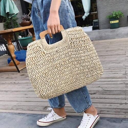 Lady big purses travel sac 2022 casual rattan large capacity tote for women wicker woven wooden handbags summer beach straw bag