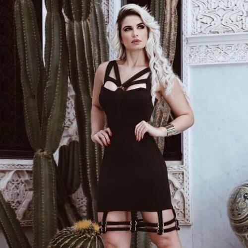 Slim Black Cut Out Femme Bandage Dress Metal Ring Sleeveless V Neck Spaghetti Strap Off Shoulder Vestido Mini Club Sexy Dress